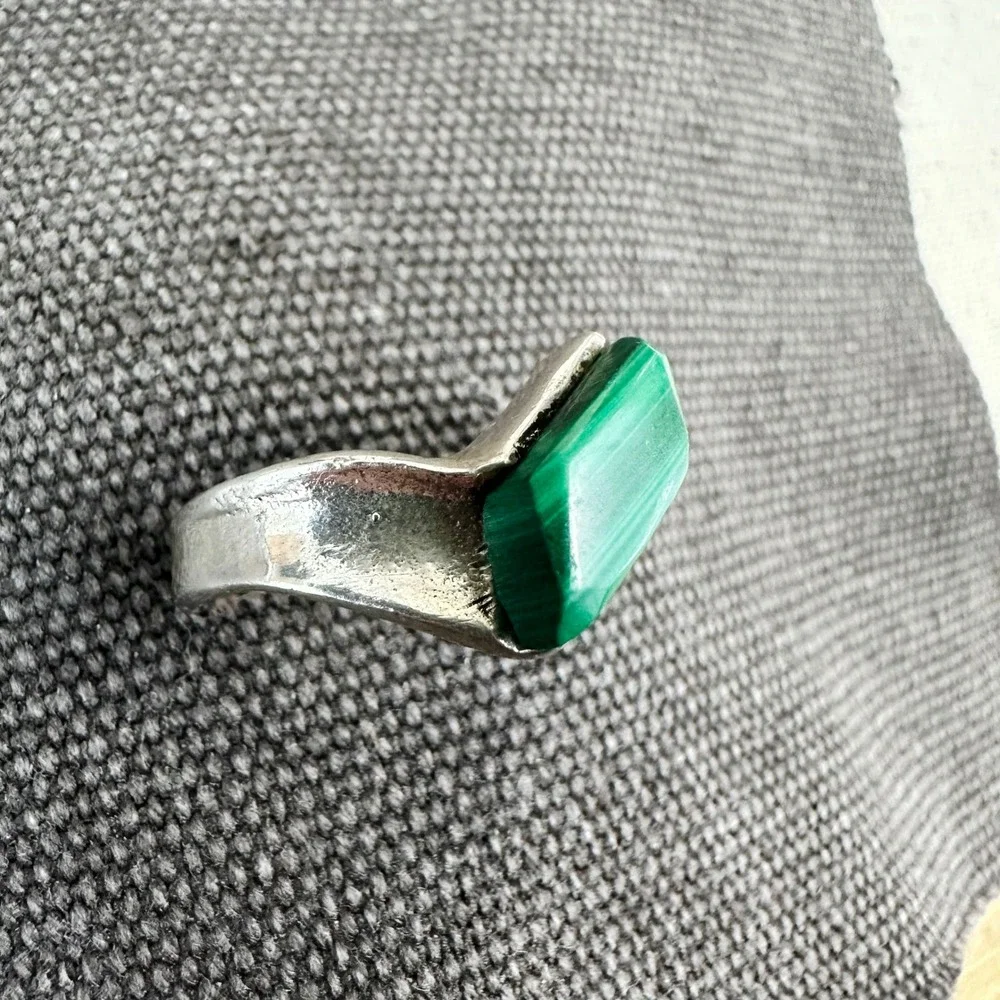 Vintage Malachite Ring Sterling Silver Handmade Green Stone Band Ring‎ Sz 11